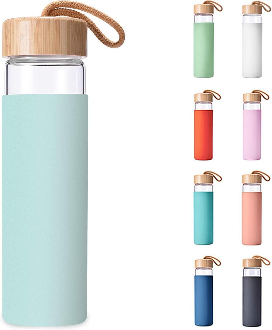20 Oz Borosilicate Glass Water Bottles with Silicone Sleeve BPA Free, Dishwasher Safe - Reusable Clear Glass Drinking with Leak Proof Bamboo Lid | Perfect Gym Water Bottles for Men & Women, Purist Blue