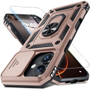 Janmitta Case for iPhone 15 Pro Max Phone Cover Built in Slide Camera Lens Cover+Screen Protector,Heavy Duty Shockproof Full Body PhoneCase with Finger Ring Holder Kickstand,Rose Gold