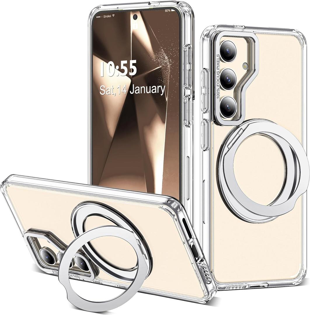 Compatible with Samsung Galaxy S24 Plus Case with 360Rotatable Magnetic Ring Stand Compatible with Mag-Safe Military Protection Shockproof Transparent Phone Case for Galaxy S24+,Clear