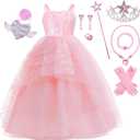 9 Pcs Halloween Pink Witch Costume for Girls Sequins Mesh Princess Dress with Accessories (7-8 Years)