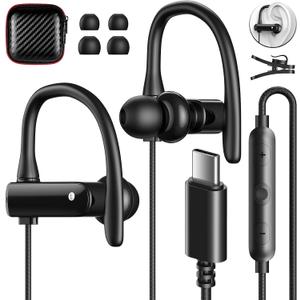 USB C Headphones Over Ear Hooks for iPhone 17 Air 16 15 Pro Max Plus, Wrap Around Ear Buds with Loops Mic Type C Earphones Running Sport Wired Earbuds for Samsung S26 S25 S24 Ultra S23 S22/Pixel 10 9