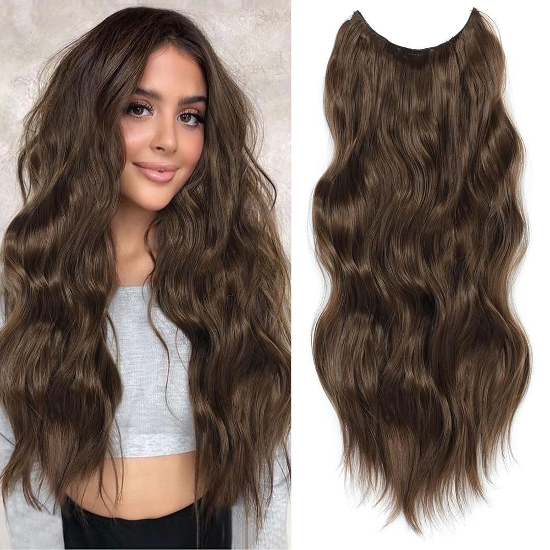 Halo Hair Extensions 24 Inch Invisible Wire Hair Extensions Adjustable Long Wavy Hairpiece Synthetic Upgrade 4 Secure Clips in Hairpieces 24 Inch, Medium Brown