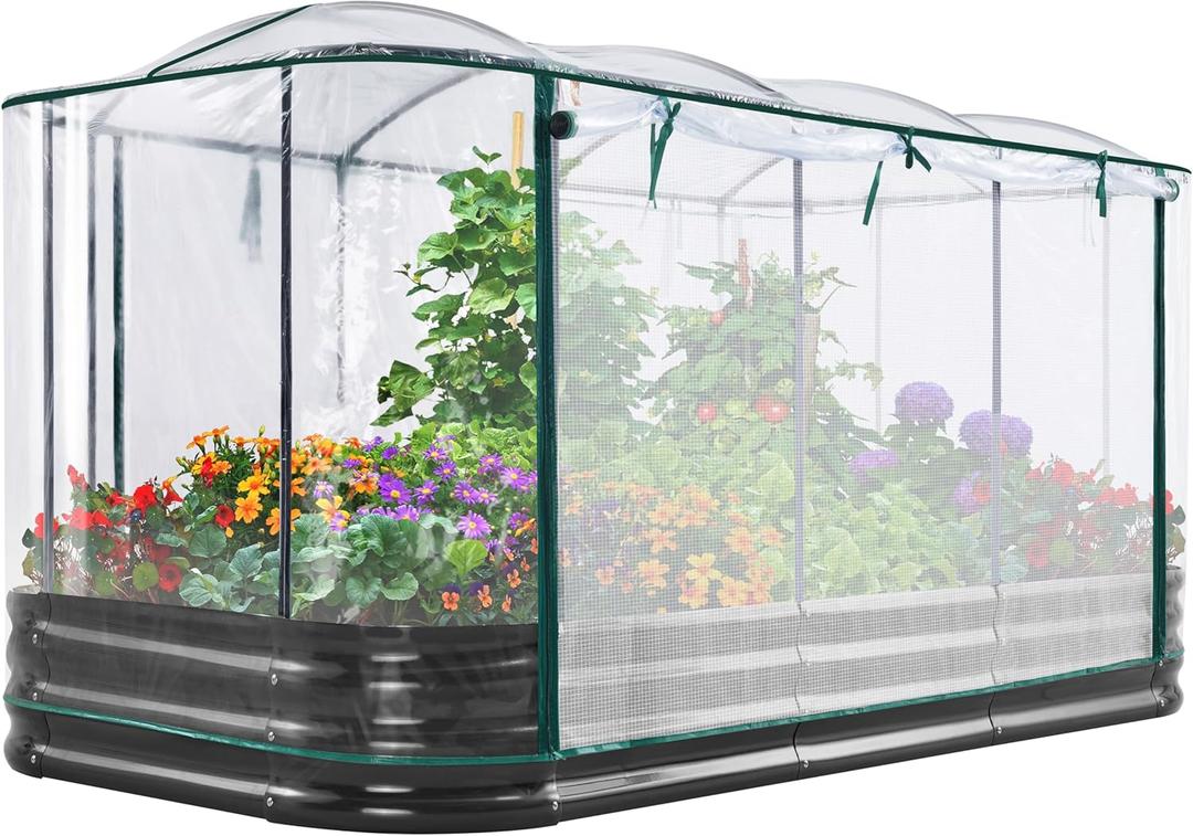 KING BIRD Raised Garden Bed with Cover Galvanized Oval Planter Garden Box Outdoor for Gardening, Vegetables, Flowers 94.5x47.2x11.8 in, Clear