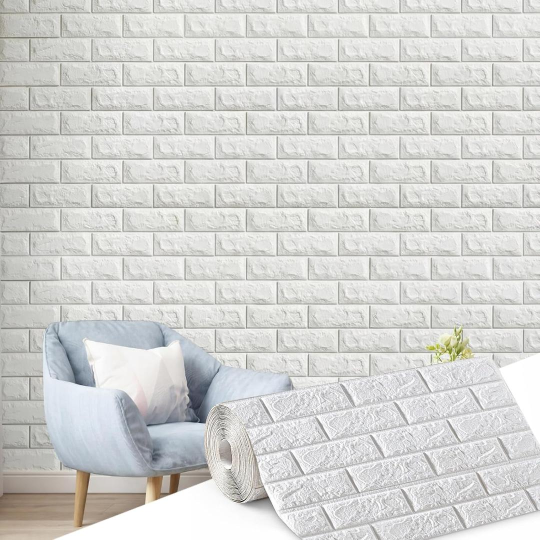 Hahafelt 1 Pcs 32 x 2.3 ft 3D Wall Panel, Faux Brick Wall Panel White Peel and Stick 75 Sq ft Coverage Waterproof Wallpaper Sticker for Bedroom, Living Room, Bathroom Home Decoration