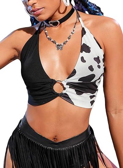 Women Western Cowgirl Crop Top - Country Concert Outfits Sexy Deep V Neck Cow Print Festival Rodeo Rave Tank Shirt, Size - XS