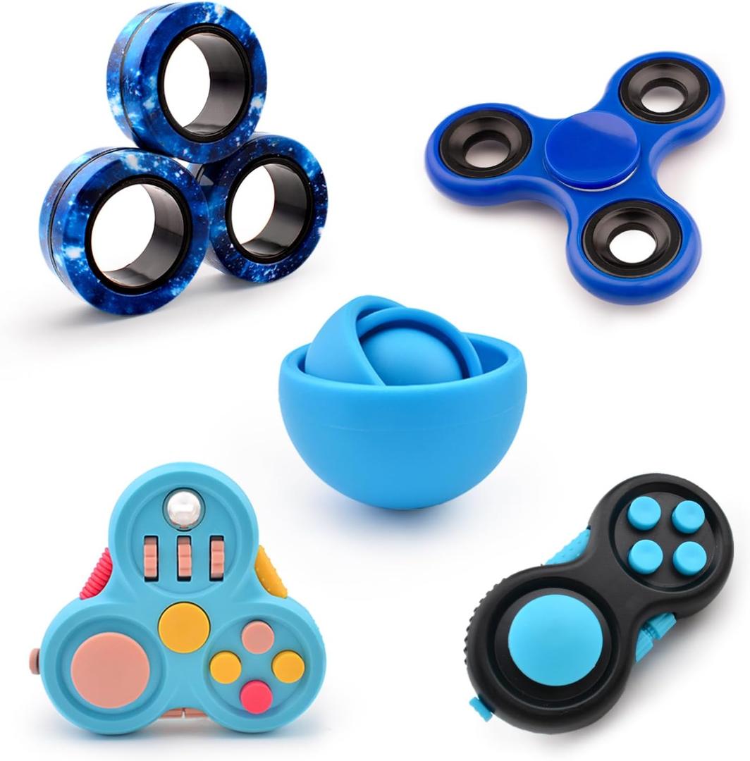 Fidget Toys Adults Pack 5Pcs,Fidget Spinner with Magnetic Rings Gyro,Fidget Controller Autism Sensory Toys,ADHD Stress Anxiety Desk Fidgets,Easter Basket Stuffers for Kids Teen Boys(BU) (Blue)