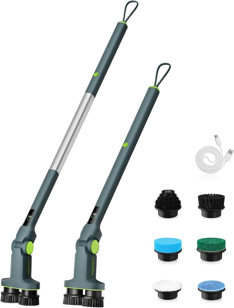 Electric Spin Scrubber Cordless Dual-Brush, IPX7 Waterproof Bathroom Power Scrubber Removalbe Extendable Handle with Digital Display, 2 Speeds, 6 Brush Heads for Bathroom, Tub, Tile, Shower, and Car