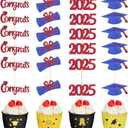 Chinco 100 Pack 2025 Graduation Cupcake Toppers Grad Cap Food Appetizer Picks Cake Graduation Party Decorations Diploma Cupcake Picks for Cake Class of 2025 Graduation Party(Red and Blue)