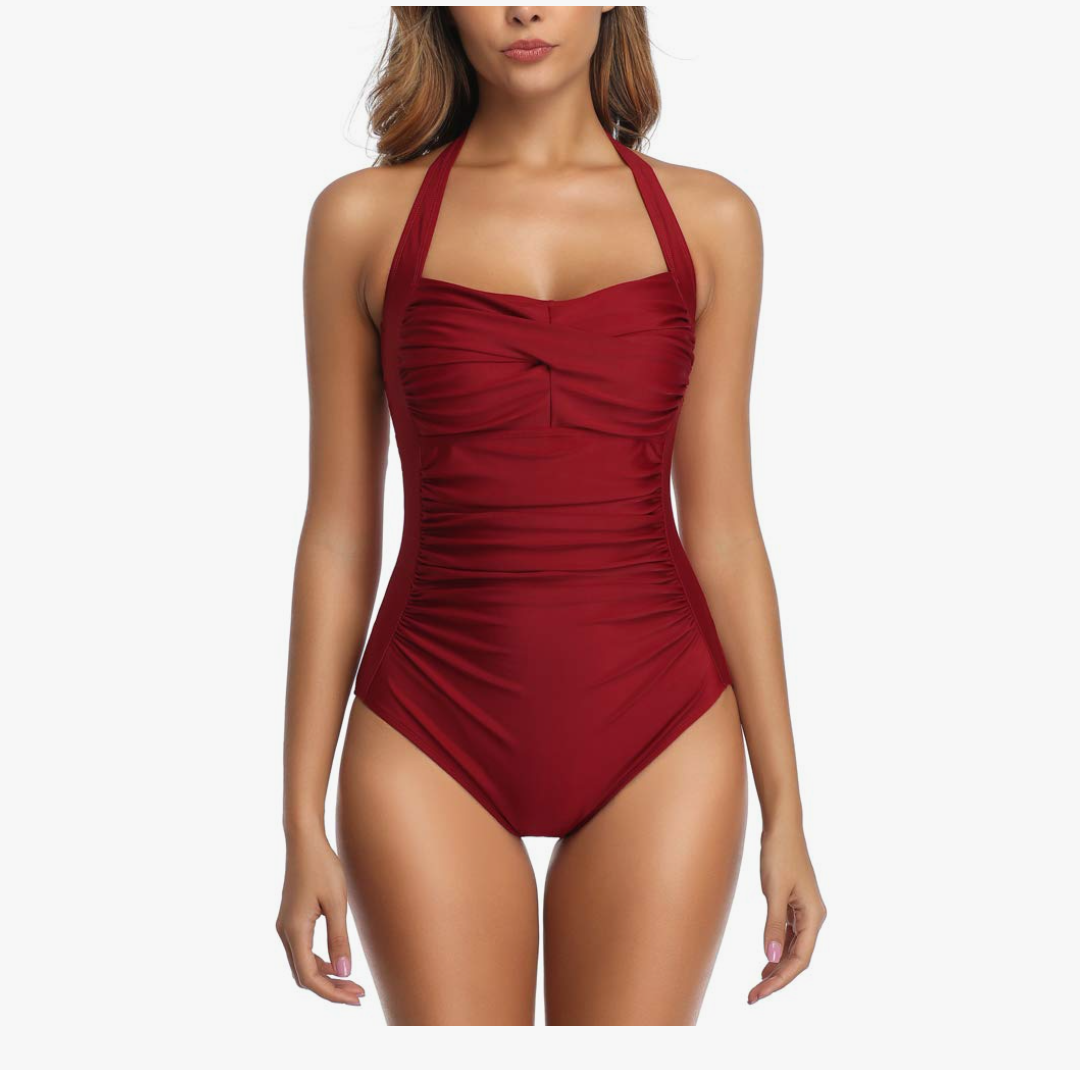 Smismivo Tummy Control Swimwear Halter One Piece Slimming Vintage Retro Swimsuit Womens Ruched Push Up Bathing Suit M