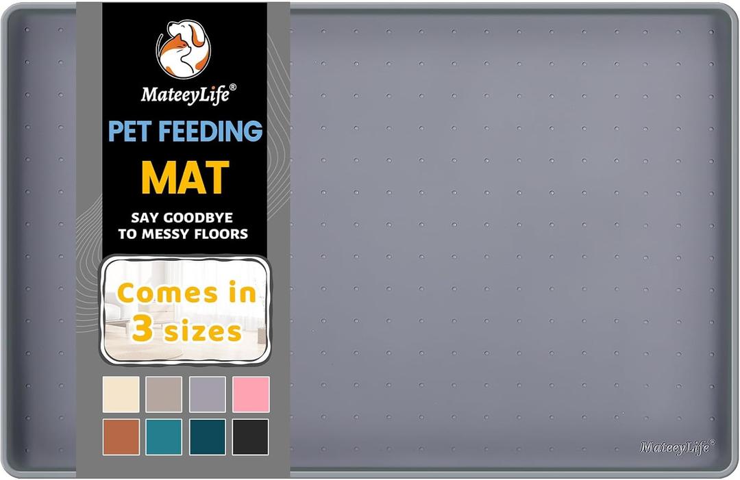 MateeyLife Silicone Cat & Dog Food Mat for Floors Waterproof, Anti-Slip Dog Bowl Mats for Food and Water, Pet Feeding Mats with Lip to Prevent Spills, Pet Placemat for Messy Drinkers to Protect Floors (18''12'', Gray)