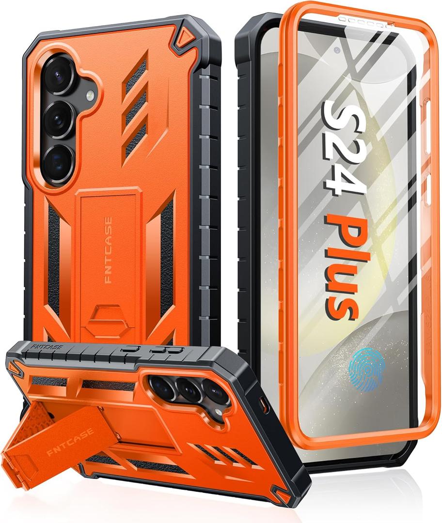 FNTCASE for Samsung Galaxy S24-Plus Case: Military Grade Phone Case with Kickstand | Built-in Screen Protector Protective Rugged Shockproof Durable Drop Proof Phone Cover for Galaxy S24 Plus 5G Orange