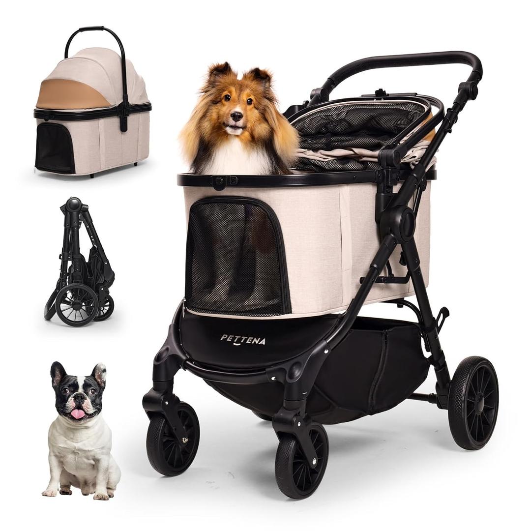 Pet Stroller with 4 Wheels, 4 in 1 Folding Puppy Strollers for Small/Medium Dogs up to 66lbs, Lightweight Pet Travel Carrier with Detachable Carrier/Storage Basket, One Click Folding, Beige