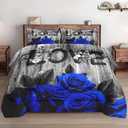 WeCozy Comforter Set Queen Size with 2 Pillowcases, Dark Blue Rose Flower 3 Pcs Bedding for Kids and Adults, Summer Vintage Woodboard Soft Comforter Set for Bedroom Bed Decor