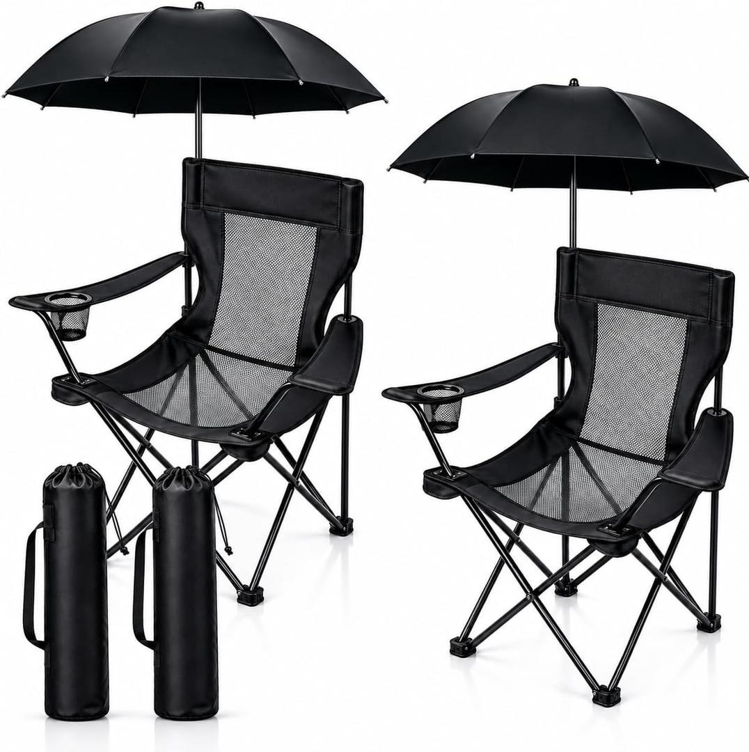 2 Pack Portable Folding Camping Chairs with Adjustable Umbrella, Lightweight Beach Chairs for Fishing, Sports Events & Lawn (Black Grid)