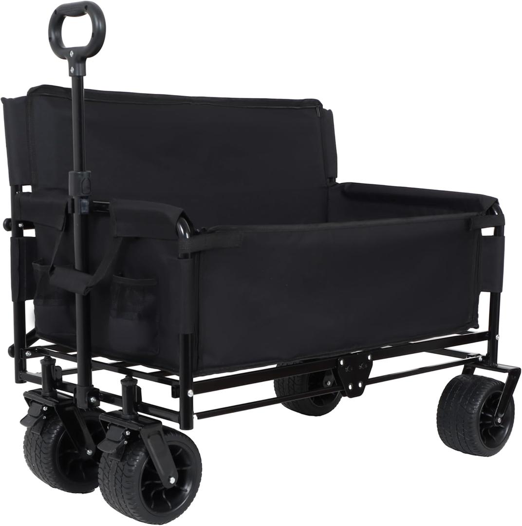 3-in-1 Heavy-Duty Convertible Folding Wagon Cart with Bench Seat & Storage  500lb Capacity, 180L All-Terrain Wagon for Camping, Beach, Sports, & Garden  360 Swivel Wheels (Black)