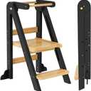 Toddler Tower, Foldable Step Stool for Toddlers, Toddler Kitchen Stool Helper with 3 Adjustable Height Safty Rail and Anti-Tip Structure, Learning Tower for Toddlers Baby Kids (Black)