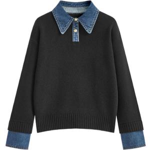 hathne Women's Oversized Polo Sweater Button Up Denim Lapel Pullover Sweater Long Sleeve Collared Knit Top (Large, Black)