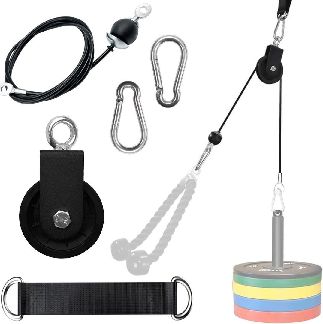 Cable Pulley System for Home Gym, Silent 360 Rotation Nylon Pulley Wheel with Detachable Traction Block LAT Pulldown & Weight Lifting Attachment for Strength Training Workouts (Cable Pulley Set (Pulley, 79in Cable, Strap, 2 Buckles))
