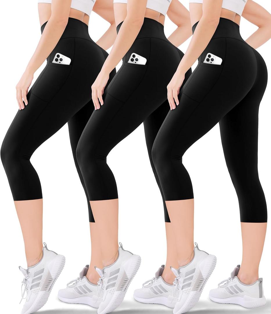 Blisset Women's High Waisted Capri Buttery Soft Tummy Control No See Through Workout Athletic Running Yoga Cycling (XX-Large, 201-pockets 3 Pack Black)
