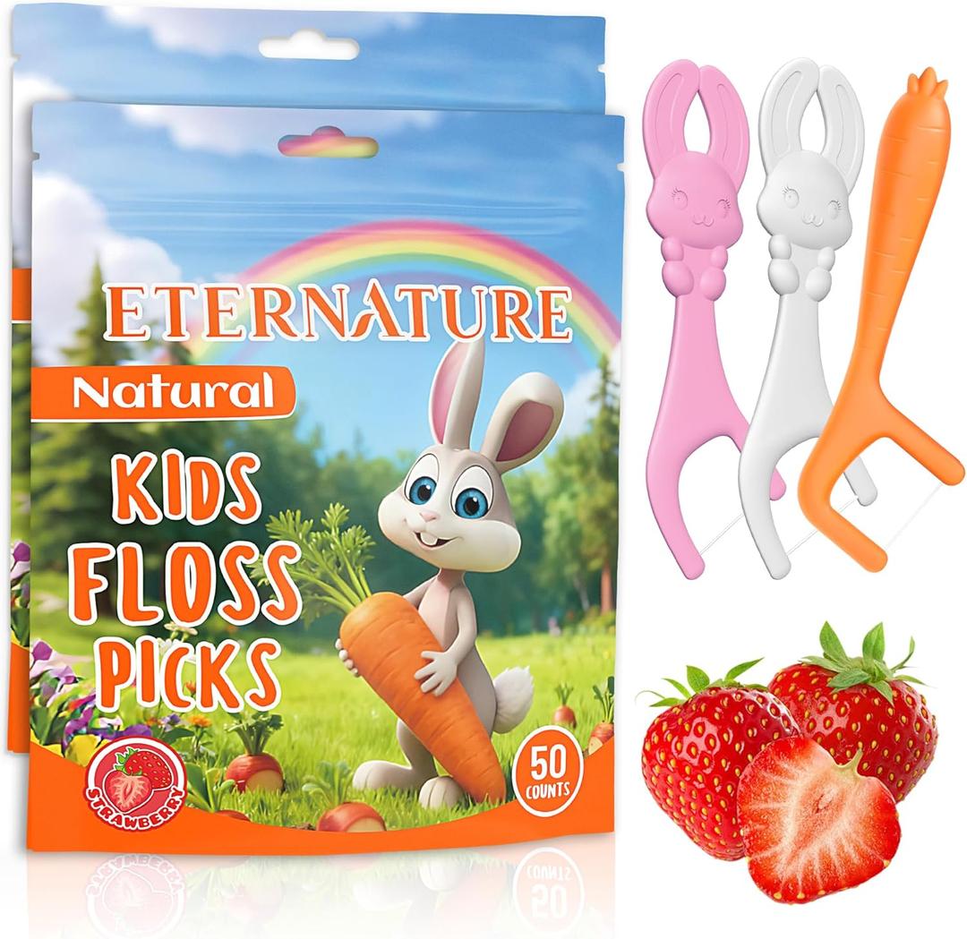 Kids Flossers 100ct, Strawberry Flavored Bunny & Carrot Floss Picks, BPA & Fluoride Free, Biodegradable, Easy-to-Hold, Fun Character Design, Bulk Pack for Toddlers