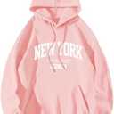 ORANDESIGNE Letter Graphic Print Hoodies for Women Oversized Long Sleeve Casual Drawstring Fall Pullover Sweatshirt Tops NEW YORK Light Pink X-Large