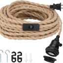 16.5FT Pendant Light Kit, Hanging Lights with Plug in Cord & Switch, Hemp Rope Swag E26 Socket Pendant Lamp, Extension Lantern Cable Vintage Farmhouse Industrial Retro DIY Decoration Fixtures