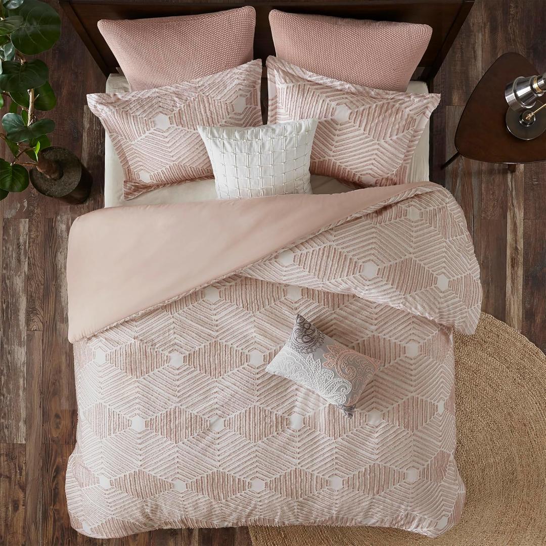 INK+IVY King Comforter Set Geometric Cotton Comforters Farmhouse with Clipped Jacquard, All Season, Down Alternative Lightweight & Fluffy Bedding, Matching Shams, Ellipse, King/Cal King, Blush 3 Piece