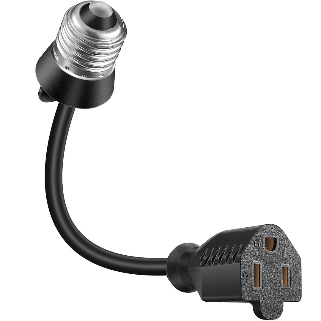 Feekoon 1 Pack 2 Outlet Light Socket Adapter, Convert E26/E27 Bulb Socket to 3 Prong Outlet with Extension Cord, Light Bulb Plug Adapter Converter Suitable for Outdoor Porch Garage Patio Use (Black)