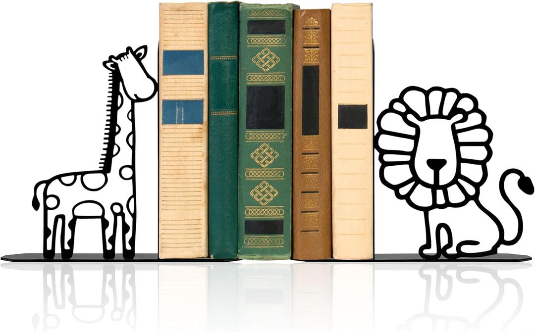 Lion Giraffe Safari Metal Bookends Animal Bookends for Kids Cute Decor for Childrens Bedroom Home Nursery