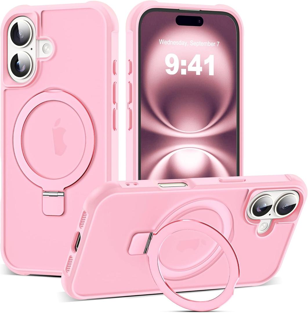 Compatible with iPhone 16 Case with Invisible Magnetic O-Ring Stand Military-Grade Translucent Case for iPhone 16 6.1" [Compatible with Mag-Safe][Great Grip Feeling], Pink