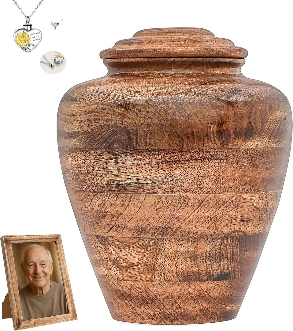 Wooden Cremation Urns for Human Ashes with Photo Frame & Heart Necklace for Ashes, Mango Wood Memorial Urn for Adults Men & Women, Decorative Funeral Urn 10x8 (220 Cu in)