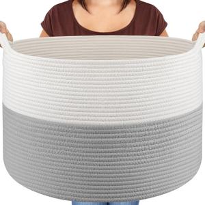 XXXLarge Blanket Basket Living Room - 22" x 22" x 14" Cotton Rope Baskets for Storage - Large Woven Basket for Toys, Towels, Pillows, Clothes- Rope Laundry Basket with Handles - Nursery Hamper Bin (White & Grey)