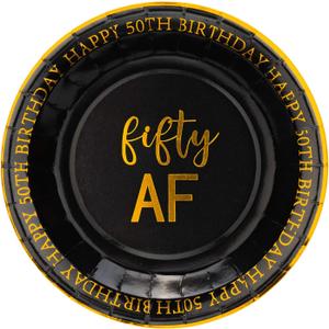 Crisky 'Fifty AF' 50th Birthday Black Gold Theme Plate, 50 Pack, 9" Paper Plates, Durable, Food Grade, BPA-Free, Biodegradable, Not Microwaveable