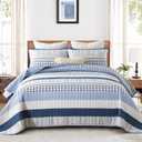 DJY Navy Blue Striped Quilt Queen Size, Boho Blue Tan Striped Bedspread Coverlet Set Soft Microfiber Bohemian Patchwork Quilt Bedding Set 3 Pieces for All Season