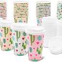 BLUE PANDA 48 Pack Disposable 16oz Coffee Cups with Lids - Cactus Party Supplies - Paper To Go Cup for Themed Birthday Parties, Weddings, Baby Showers