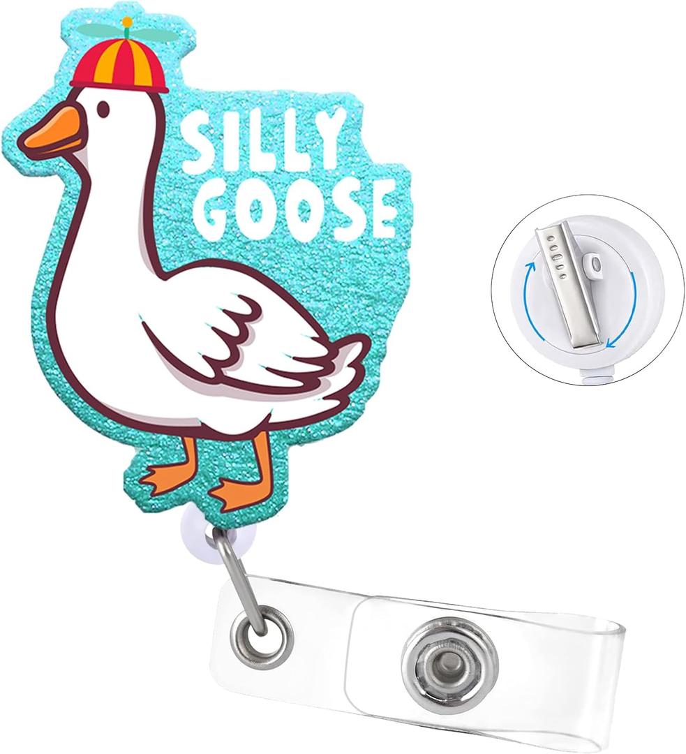 Silly Goose Blue Badge Reel with Swivel Alligator Clip ID Badge Holder Funny Glitter Badge Reel Retractable Clip for RN LPN CNA Nurse Doctor Assistant Medical Staff, Pack of 3