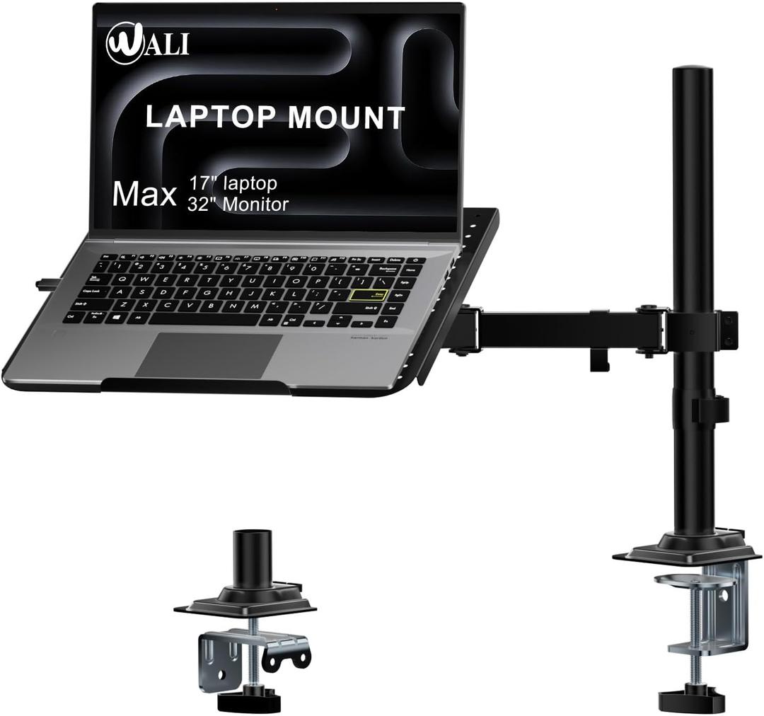 WALI Laptop Desk Mount for 17 inch Notebook, Adjustable Single Monitor Arm with Laptop Holder for 32 inch Screen, Laptops Stand with Ventilated Tray, Up to 22 lbs, (M00LP), Black