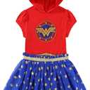 WARNER BROS Wonder Woman Girls Cosplay Hooded Tulle Dress for Toddler and Big Kids (2T, Red/Blue)