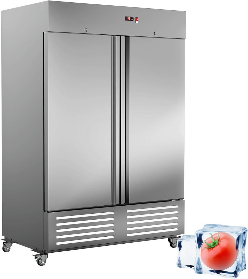 54"W 2 Door Commercial Refrigerator Stainless Steel Fan Cooling 49 Cu.ft Refrigerator for Restaurant, Bar, Shop Upright 33~41, Stainless Steel Reach-in, ETL and DOE Approved