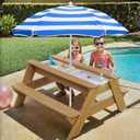 Kids 3-in-1 Sand & Water Table, Wood Outdoor Convertible Picnic Table w/Umbrella, 2 Trays, Removable Top with Faucet, Picnic Table for Outdoor Playset (Natural/Blue)