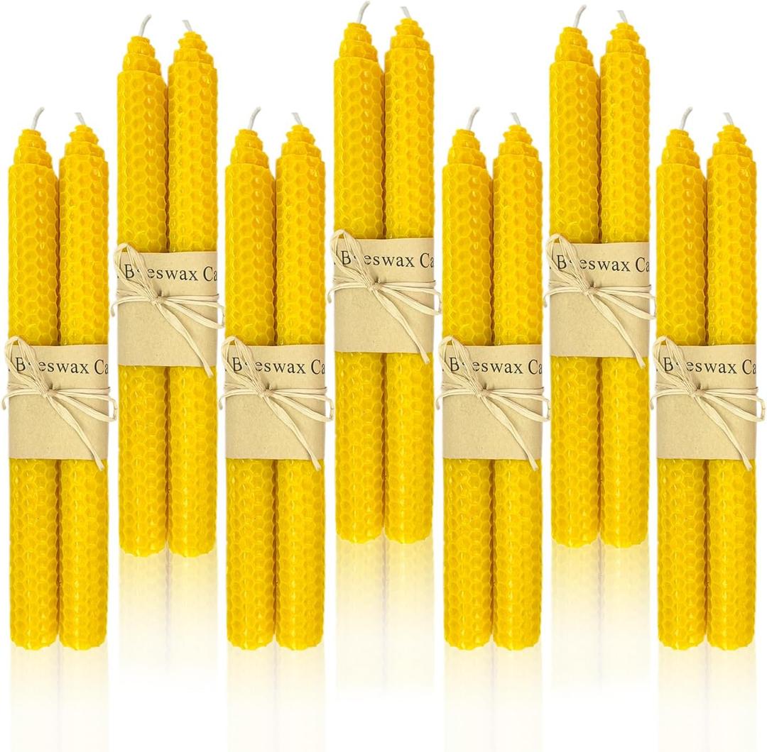 14 Pack Beeswax Taper Candles, Handrolled Bees Wax Candle for Home, Dripless & Unscented Candle Sticks, 9" Tall, Natural Yellow Beeswax Candles by Kissingfish