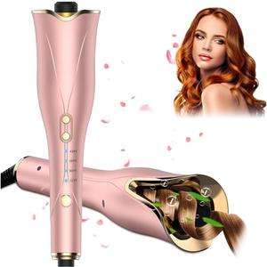 Automatic Curling Iron, 1Inch Rotating Ceramic Curling Wand w/Timer & 4 Temps, Dual Voltage Hair Curler for Fast Heating, Lasting Curls & Auto Shut-Off (Rose Gold)