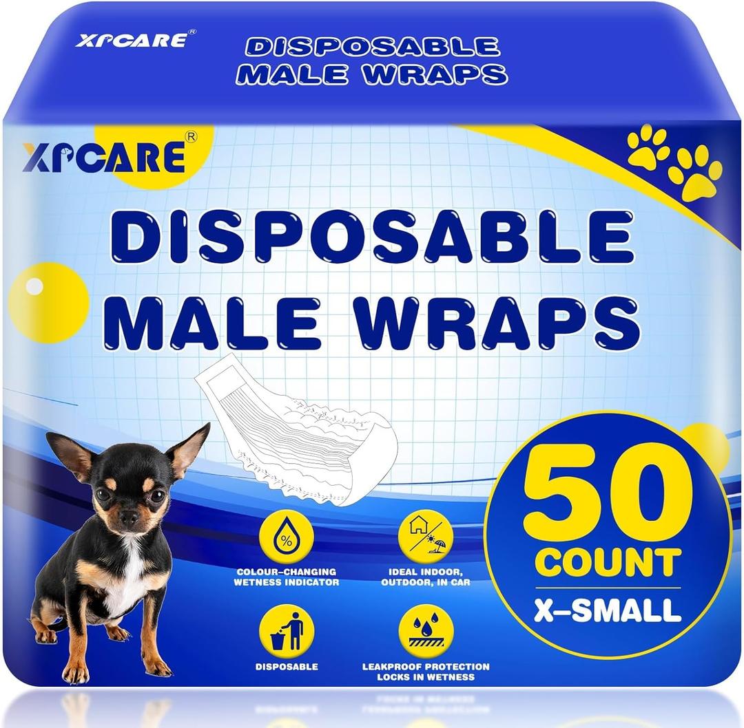 XPCARE 50 Count Disposable Male Dog Diapers, Male Dog Wraps,Super Absorbent Leak-Proof Fit (X-Small)