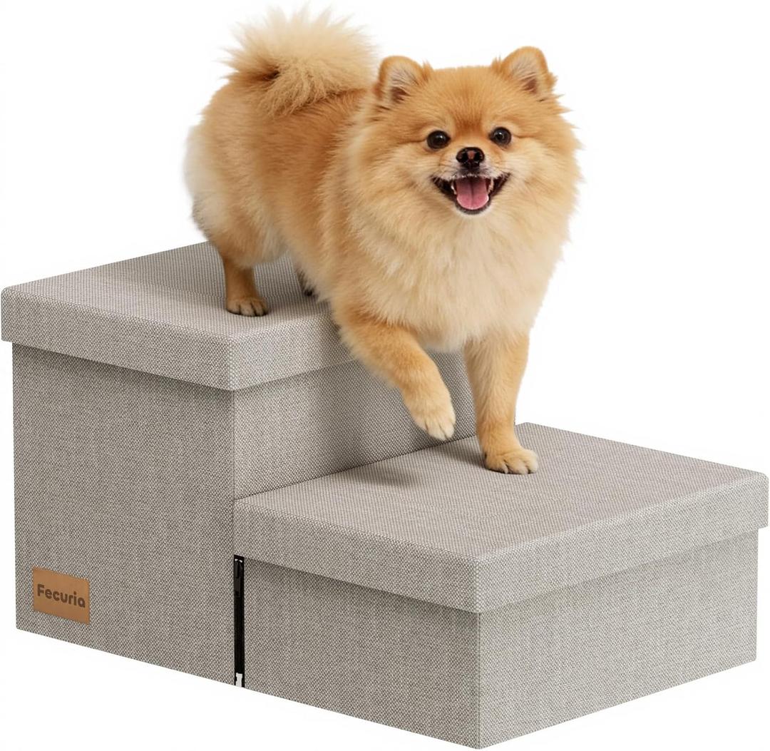 2-Step Wide Dog Stairs with Storage 11" H, Non-Slip Sturdy Pet Steps for Couch Chair, Dog Steps for Small/Medium Old Dogs, Cats, Rabbits Up to 150lbs, Foldable Cat Puppy Stairs for Car, Grey