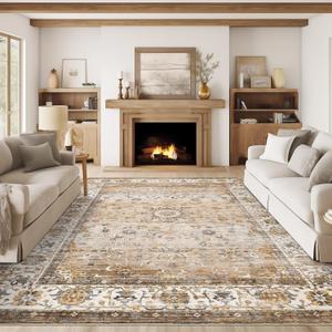 Washable Area Rug 8x10, Large Soft Rugs for Living Room - Stain Resistant Non-Slip Backing Rugs for Bedroom, Vintage Large Area Rug (Turmeric/Grey,8'x10') (Apricot/Blue)