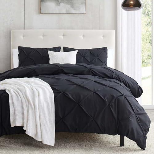 Nestl California King Duvet Cover Black - Soft Double Brushed Duvet Set with Button Closure & Corner Ties, 3 Piece Luxurious Pinch Pleated Duvet Cover Set 104x98 Inches with 2 Pillow Shams