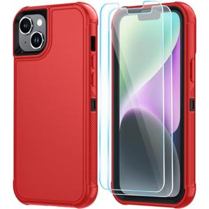SunStory Compatible with iPhone 14 Plus Case with HD Screen Protector, 3-Layer Heavy Duty Full-Body Cover,3 in 1 Hybrid Protective Case for iPhone 14 Plus 6.7",Red