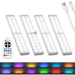Under Cabinet Lights Wireless, 58-LED Rechargeable Motion Sensor Closet Lights with Remote Control, RGB Color Changing Under Counter Lights for Kitchen, Pantry, Bedroom, Stairs, 4 Pack