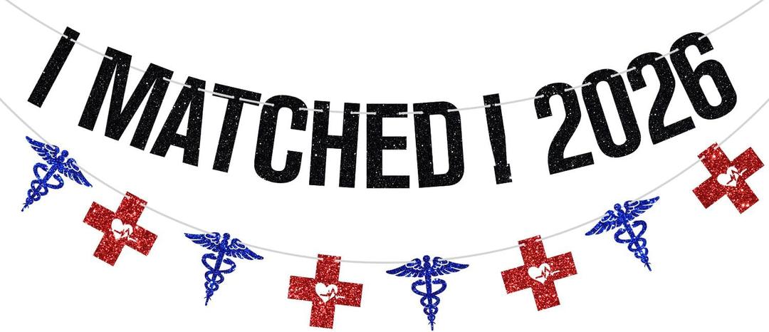 I Matched 2026 Banner, Happy Match Day Banner, Residency Match Day Sign, 2026 Doctor Nurse Medical School Graduation Party Decorations Supplies, Black Glitter