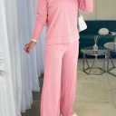 Womens 2 Piece Lounge Sets Long Sleeve Ribbed Knit Casual Top Wide Leg Pants Matching Set Spring Fall Outfits (Pink, L)